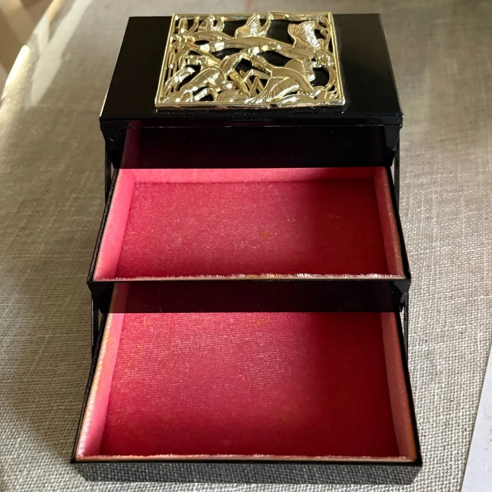 Vintage 3 Tiered Metal Trinket Japanese Jewelry Box Small